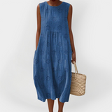 Elegante vestito estivo in cotone senza maniche con tasche