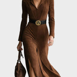 Colletto in stile retro occidentale in faux suede, midi con spacco
