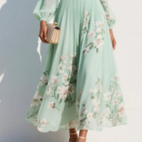 Lucija - Abito Midi Chiffon Verde Chiaro con Plissé Floreale