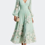 Lucija - Abito Midi Chiffon Verde Chiaro con Plissé Floreale