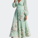 Lucija - Abito Midi Chiffon Verde Chiaro con Plissé Floreale
