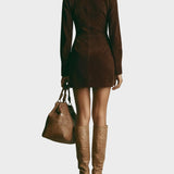 Abito Mini in Velluto Sintetico Marrone con Collo Alto e Zip