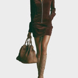 Abito Mini in Velluto Sintetico Marrone con Collo Alto e Zip