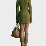 Abito Mini in Velluto Sintetico Marrone con Collo Alto e Zip