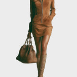 Abito Mini in Velluto Sintetico Marrone con Collo Alto e Zip