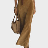 Abito maxi in suede con chiusura singola e colletto