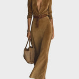 Abito maxi in suede con chiusura singola e colletto