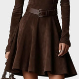 Abito Vintage in Camoscio Marrone Scuro con Collo Alto