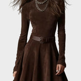 Abito Vintage in Camoscio Marrone Scuro con Collo Alto