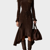 Elegante Vestito Midi in Camoscio Marrone Scuro con Fiocco