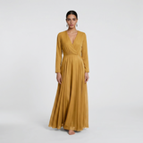 Radiant Golden Mustard Maxi Gown - Elegant Long-Sleeved Wrap Formal Dress