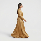 Radiant Golden Mustard Maxi Gown - Elegant Long-Sleeved Wrap Formal Dress
