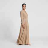 Timeless Champagne Long-Sleeved Maxi Gown - Elegant Wrap-Front Formal Dress
