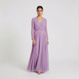 Ethereal Lavender Wrap-Front Maxi Gown - Sophisticated Long-Sleeved Chiffon Dress