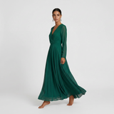 Majestic Emerald Long-Sleeved Gown - Regal Wrap-Front Chiffon Formal Dress