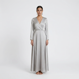 Shimmering Silver Satin Maxi Gown - Elegant Long-Sleeved Wrap Evening Dress