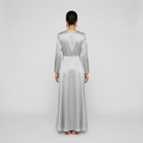 Shimmering Silver Satin Maxi Gown - Elegant Long-Sleeved Wrap Evening Dress