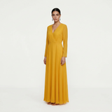 Golden Ochre Long-Sleeved Maxi Gown - Sophisticated Wrap-Front Formal Dress