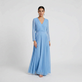 Serene Azure Long-Sleeved Maxi Gown - Elegant Wrap-Front Formal Dress
