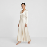 Luminous Ivory Satin Maxi Gown - Elegant Long-Sleeved V-Neck Evening Dress