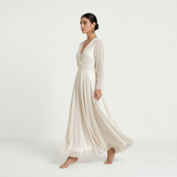 Luminous Ivory Satin Maxi Gown - Elegant Long-Sleeved V-Neck Evening Dress