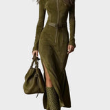 Abito Maxi Vintage Verde con Zip e Cintura