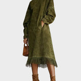 Abito in Suede con Collo Alto e Frange