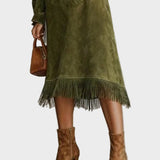Abito in Suede con Collo Alto e Frange