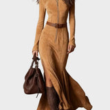 Adrianna - Abito maxi in suede marrone con cintura e zip